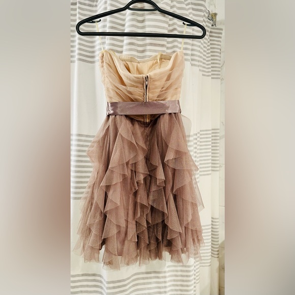 DREAMY strapless blush and dusty purple ruched ruffle mini dress 💖💜 - Picture 2 of 5
